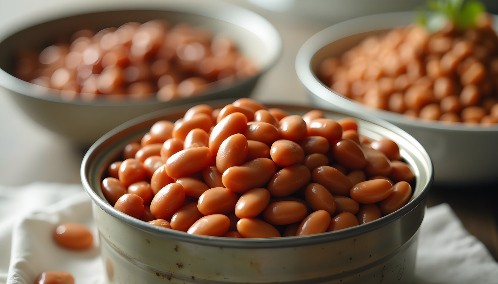 Canned bean fiber shown with an open tin can of kidney beans in front of bowls of cooked and dry beans