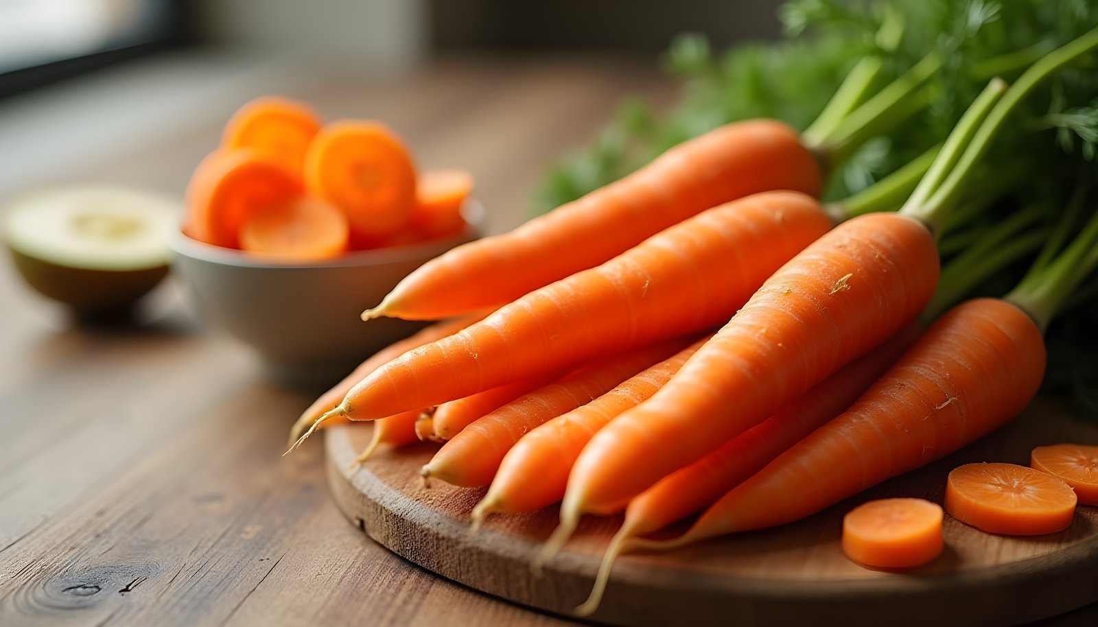 Carrot fiber shown with fresh orange carrots and green tops on a board, a bowl of cooked carrot coins and loose slices