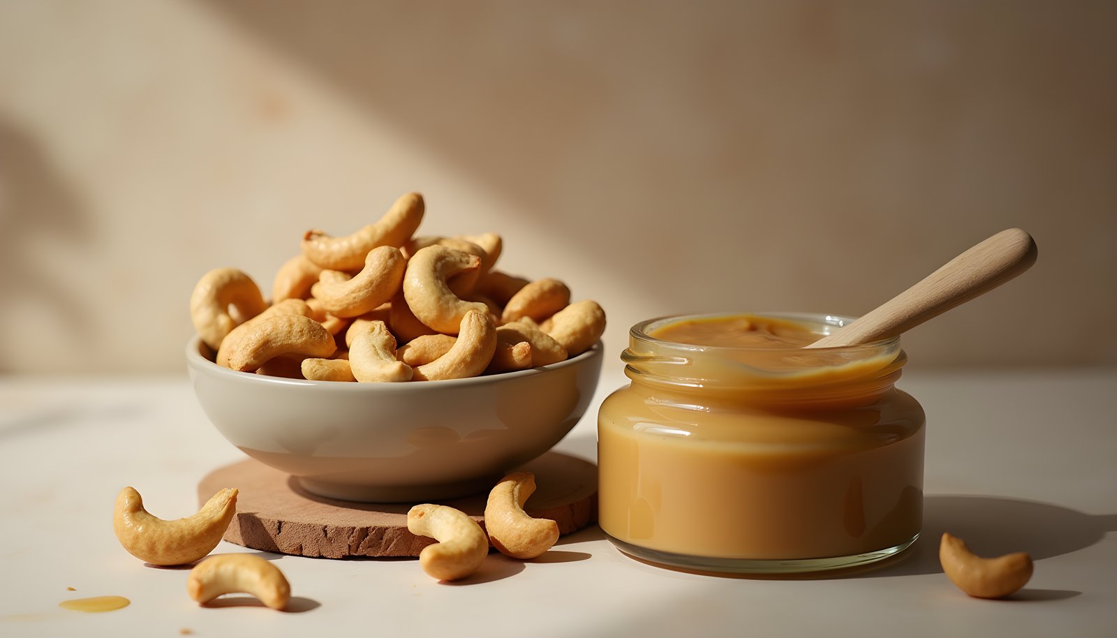 Cashew fiber shown with a bowl of roasted cashews, a small glass jar of creamy cashew butter and loose cashews nearby