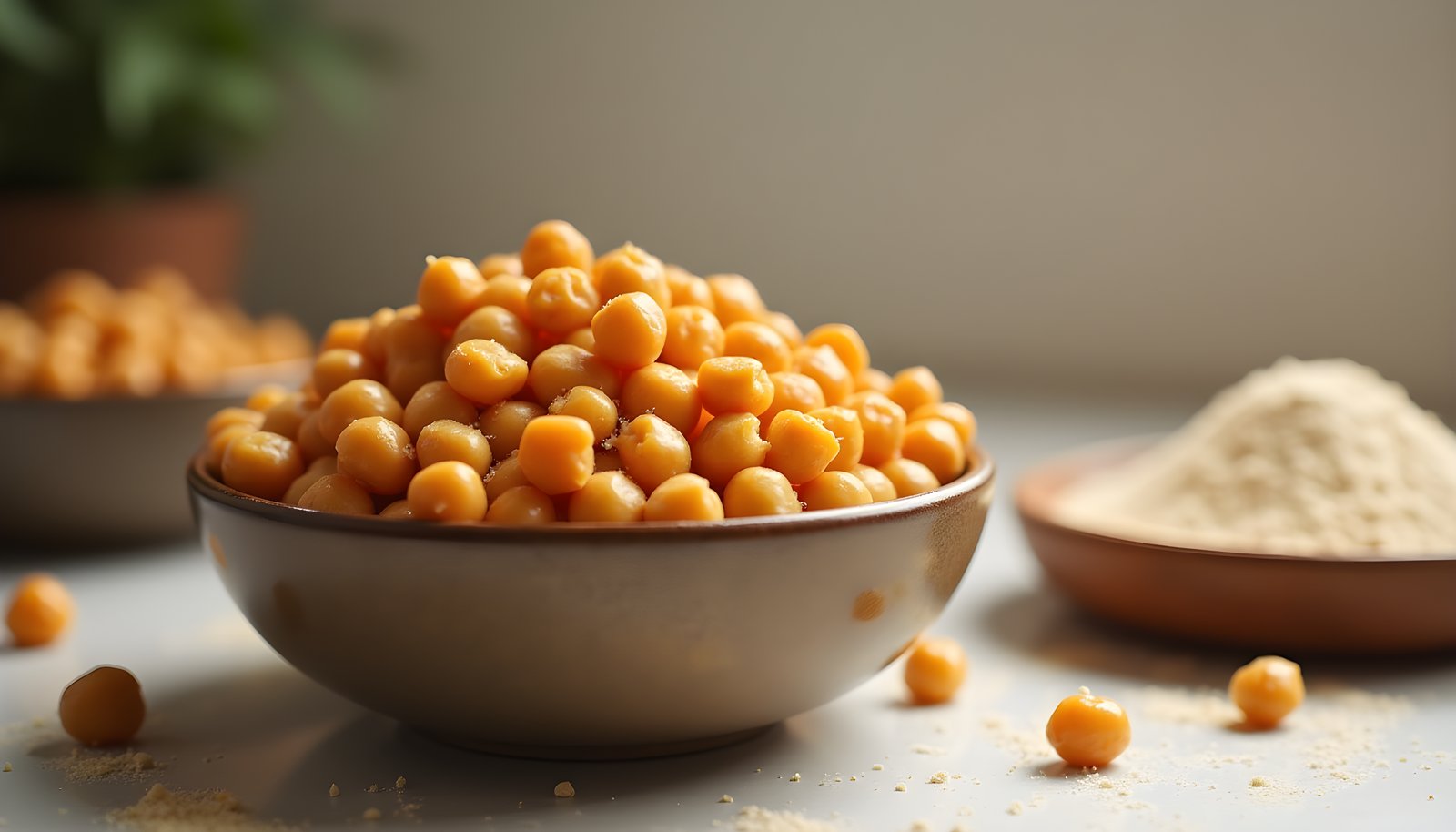 Chickpea fiber shown with a large bowl of cooked golden chickpeas, a smaller bowl behind and a dish of chickpea flour