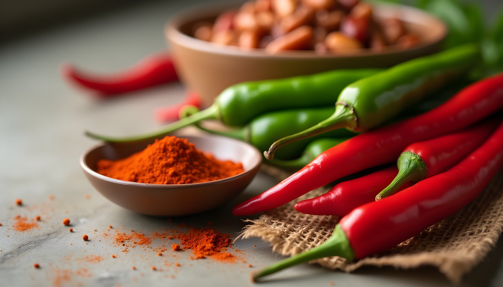 Chili pepper fiber shown with fresh red and green chili peppers on burlap beside a small dish of bright red chili powder