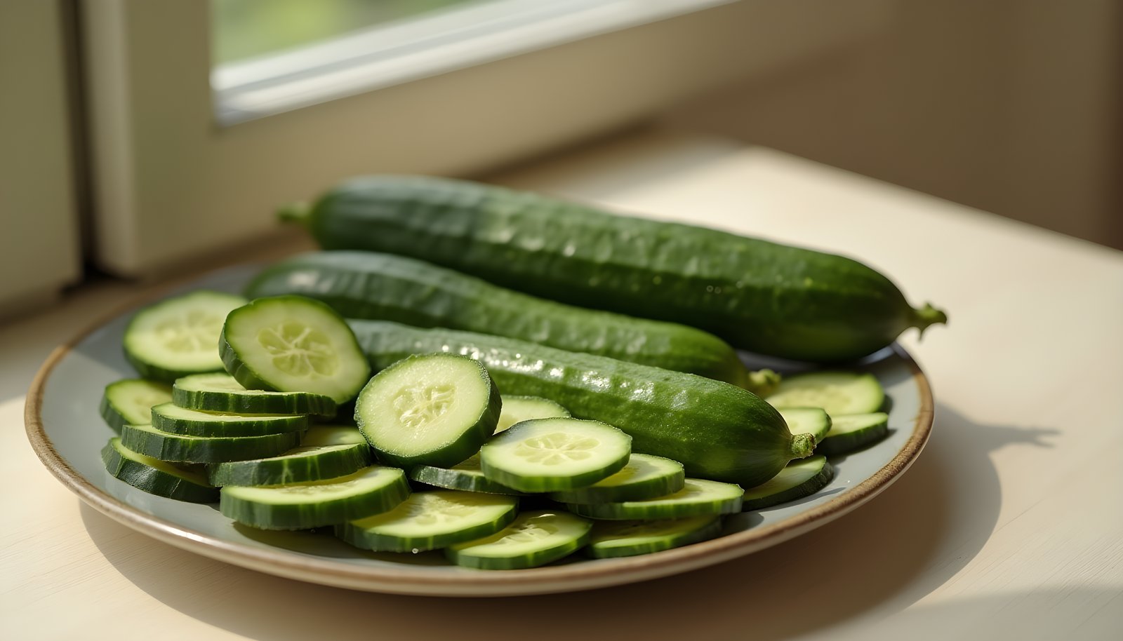 Cucumber fiber shown with whole cucumbers and a plate of cucumber slices with the dark green peel left on