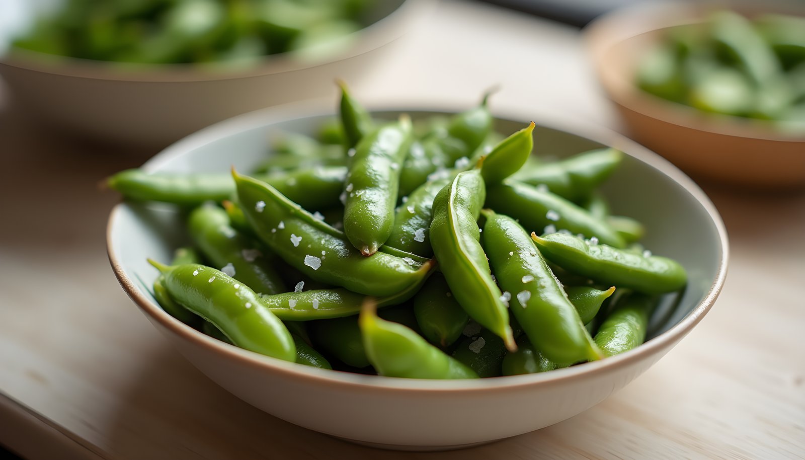Edamame fiber shown with a bowl of steamed green edamame pods sprinkled with flaky salt and more pods behind it
