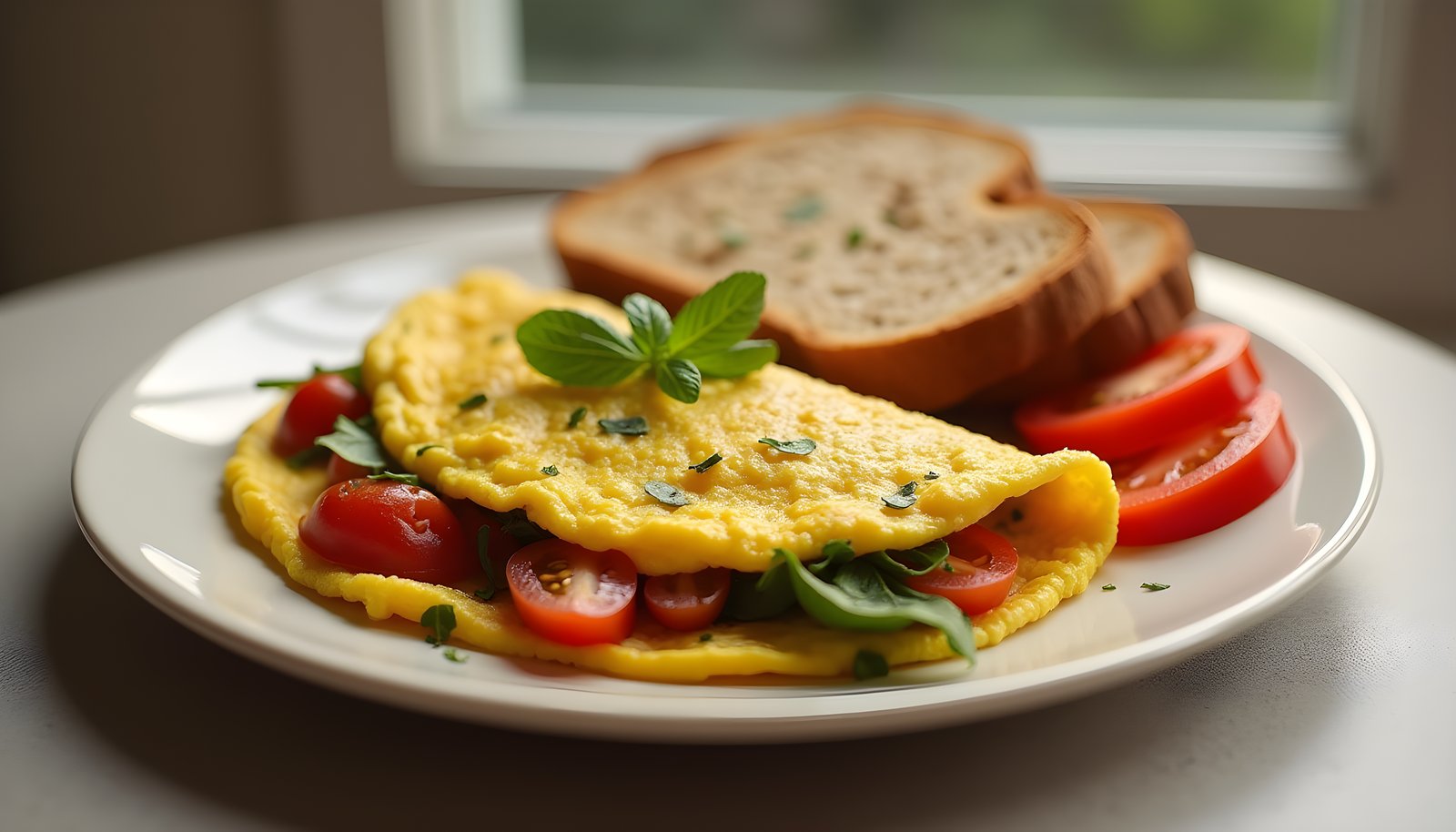 Egg breakfast fiber shown with a vegetable omelet filled with tomato and spinach beside slices of whole grain toast