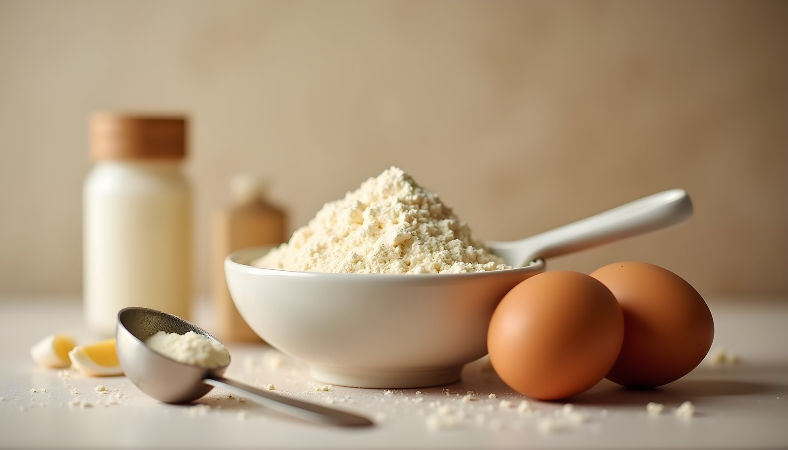 Egg protein powder fiber shown with a bowl of white egg white protein powder, a measuring scoop and two brown eggs