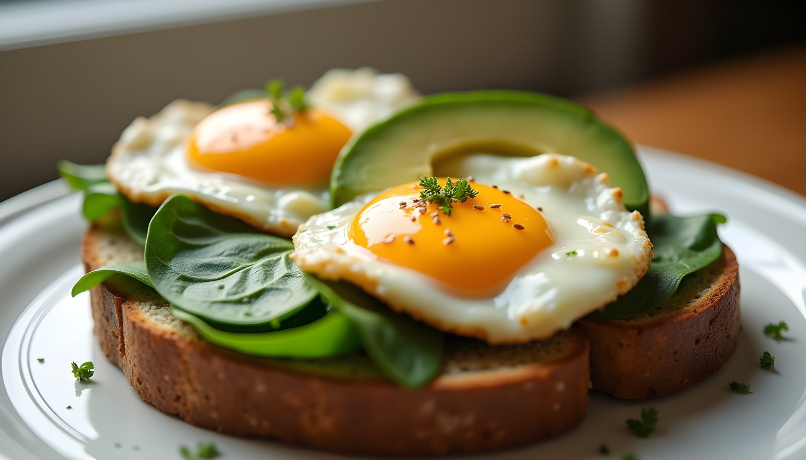 Egg breakfast with fiber: two fried eggs on whole grain toast with fresh spinach leaves and sliced avocado on a plate