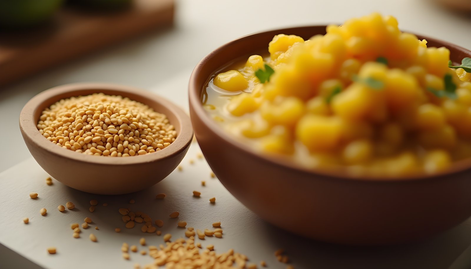 Fenugreek seed fiber shown with a small bowl of golden fenugreek seeds beside a bowl of yellow lentil dal with herbs