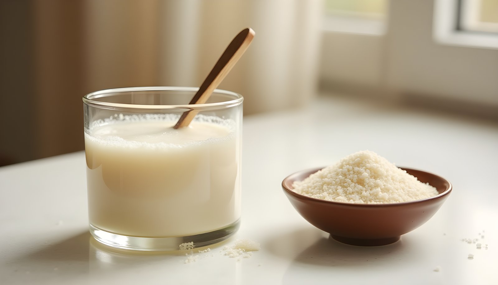 Fiber drink shown as a glass of cloudy fiber supplement drink with a spoon beside a small bowl of psyllium powder