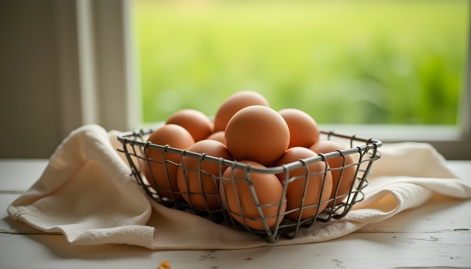 Free range egg fiber shown with brown eggs in a wire basket on a linen cloth by a window with green grass outside