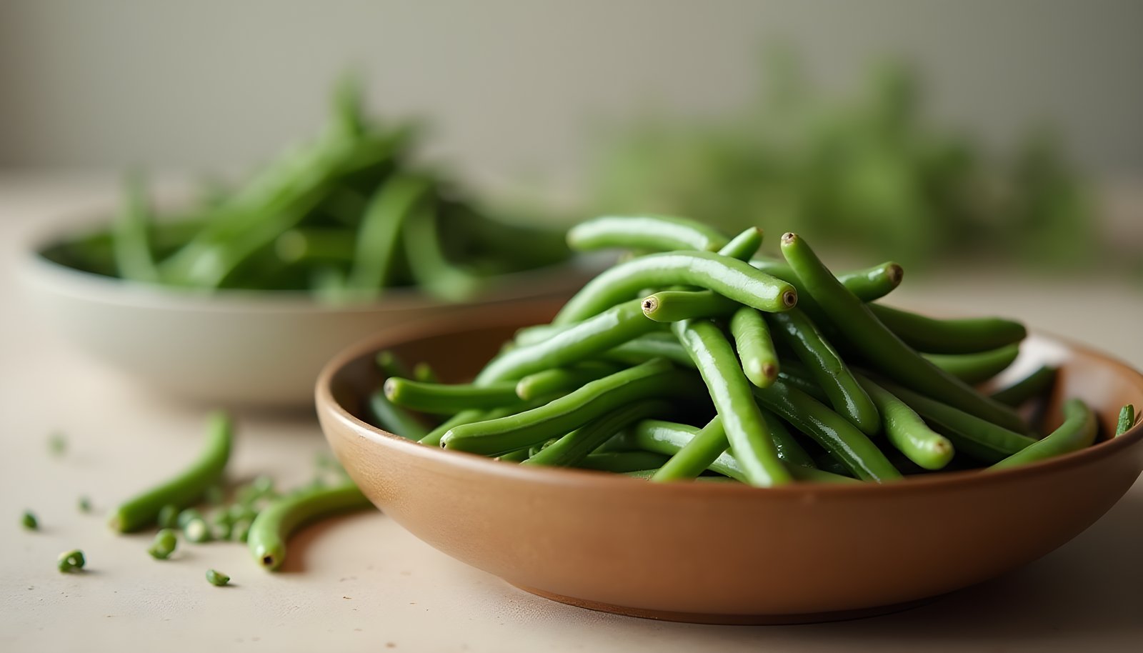Green bean fiber shown with a wide bowl of fresh green beans and a smaller bowl of green beans behind it on a table