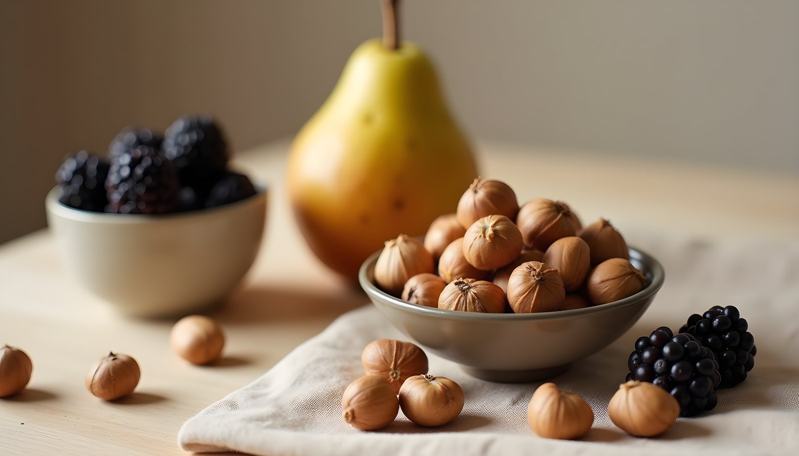 Hazelnut fiber shown with a bowl of whole hazelnuts on linen beside a ripe pear, a bowl of blackberries and loose nuts