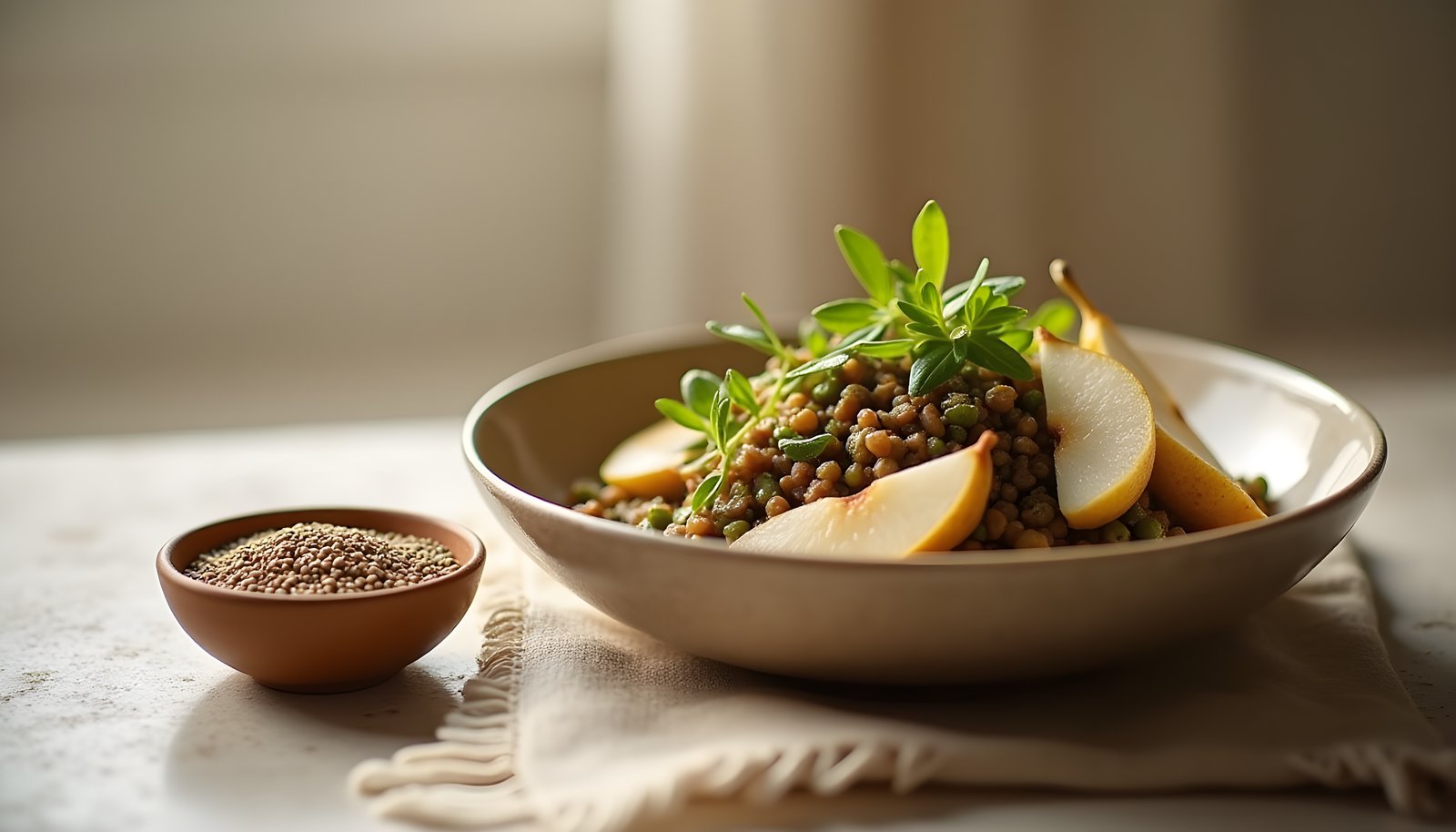 Hemp seed fiber shown with a small bowl of hemp seeds beside a bowl of lentil salad topped with sliced pear and herbs