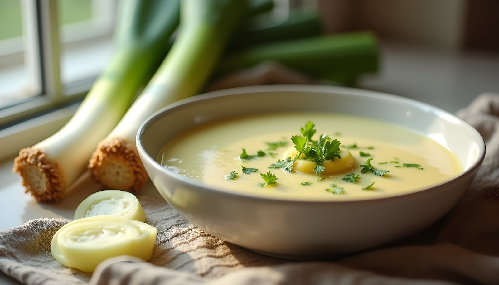 Leek fiber shown with whole leeks and sliced leek rounds beside a bowl of creamy potato leek soup topped with herbs