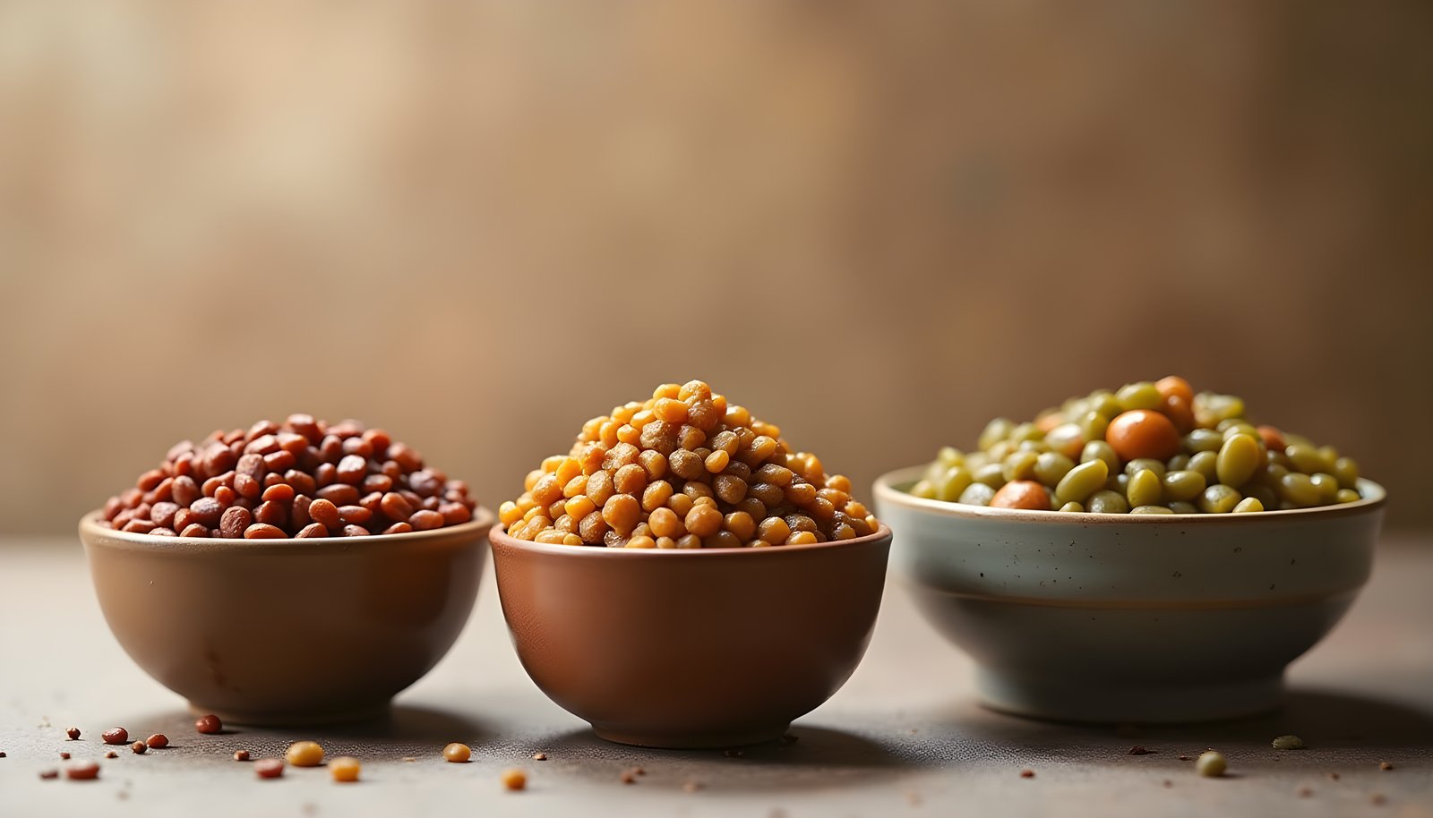 Lentil fiber shown with three bowls of dry lentils in red, brown and green, lined up on a light table with loose lentils