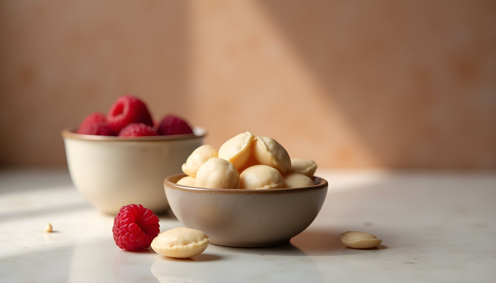 Macadamia nut fiber shown with a ceramic bowl of round cream colored macadamia nuts beside a bowl of fresh raspberries