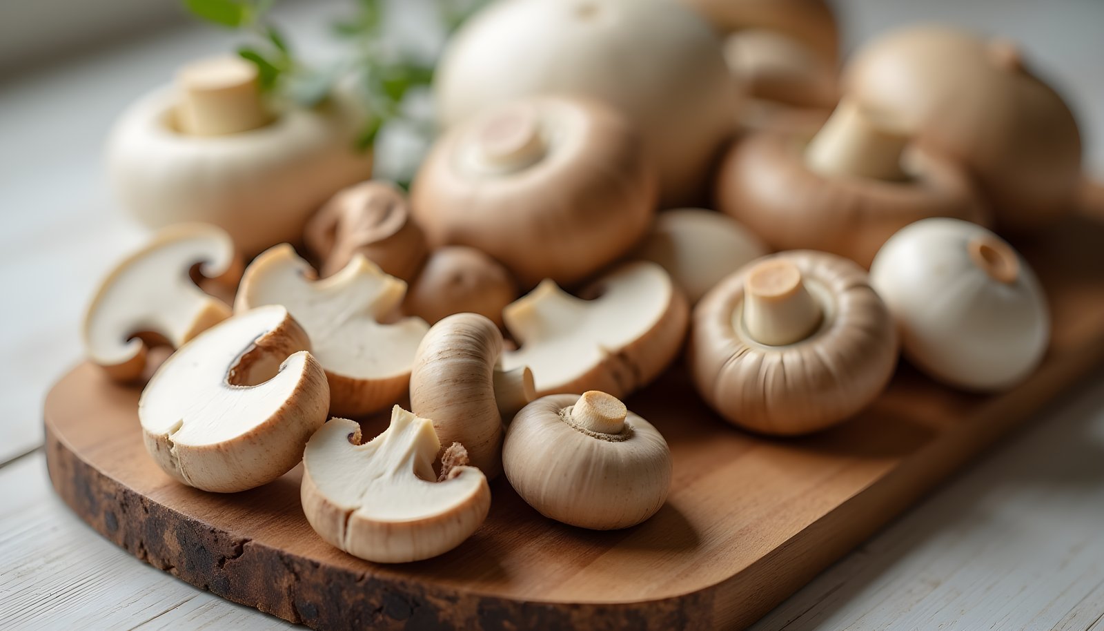 Mushroom fiber shown with white button and brown cremini mushrooms, whole and sliced, on a round wooden cutting board