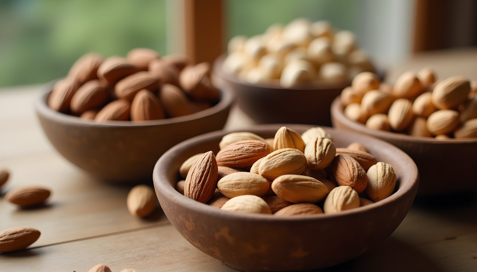 Nut fiber shown with wooden bowls of almonds, cashews and mixed nuts on a light table with a few loose almonds around