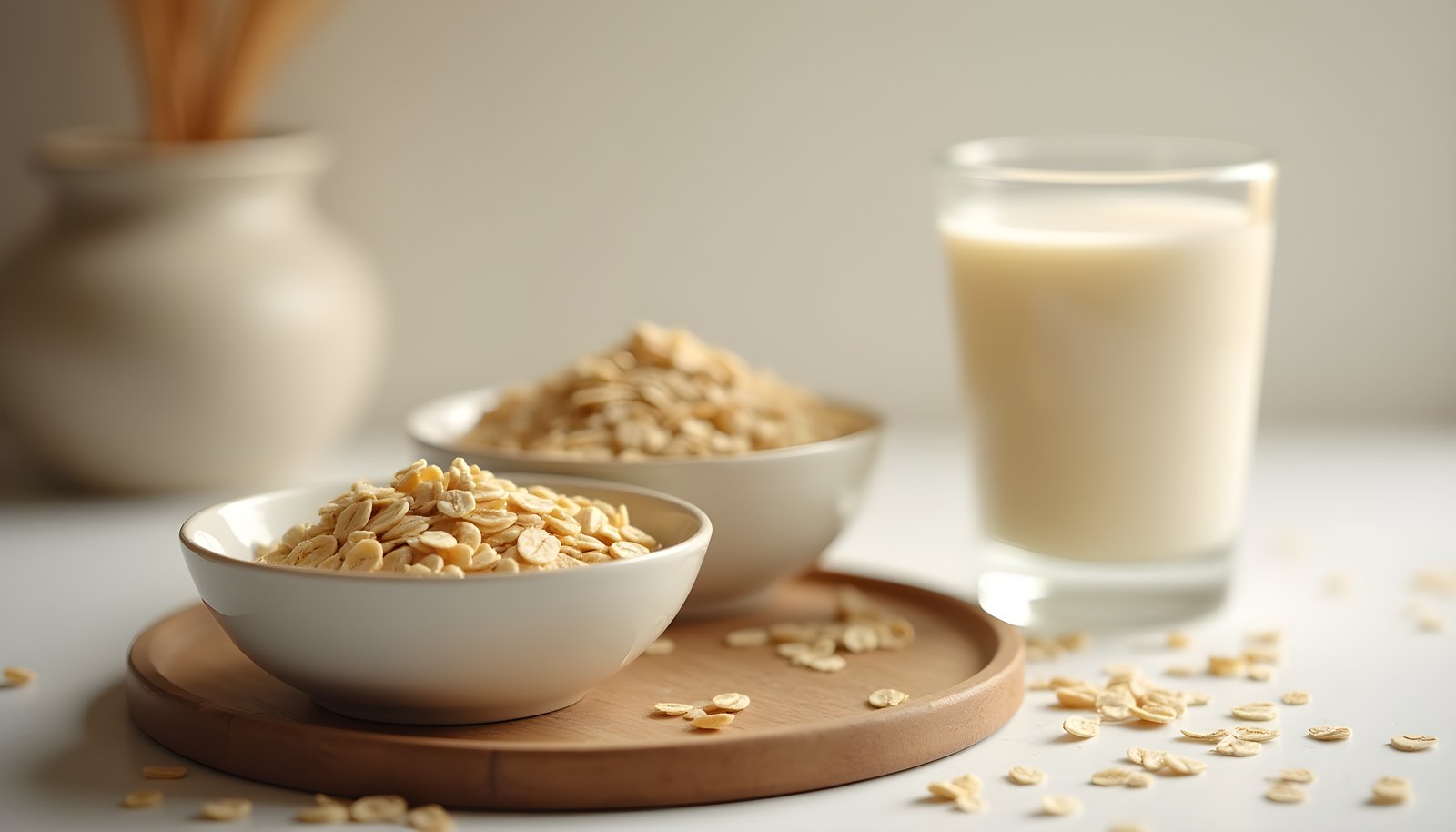 Oat fiber shown with small bowls of rolled oats and oat bran on a wooden tray next to a tall glass of oat milk