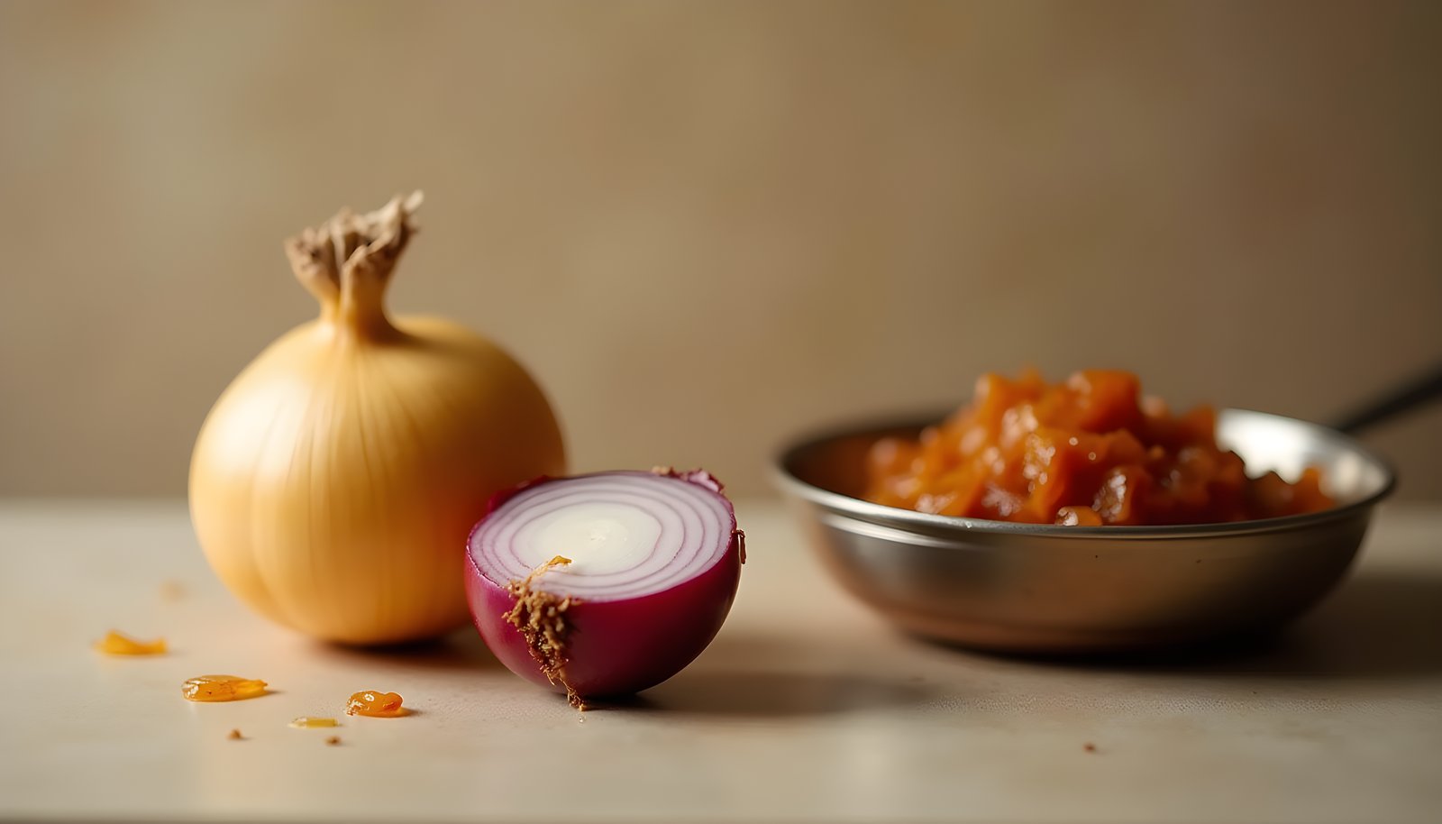 Onion fiber shown with a whole yellow onion, a halved red onion and a small metal pan of soft caramelized onions