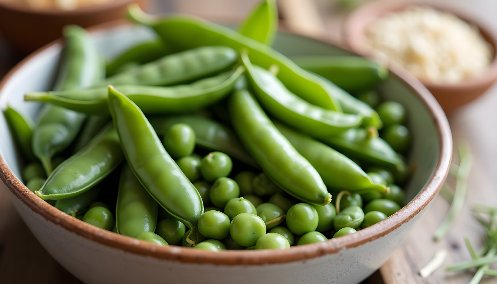 Pea fiber shown with a bowl of fresh green pea pods and shelled sweet peas, with a dish of dried peas behind it