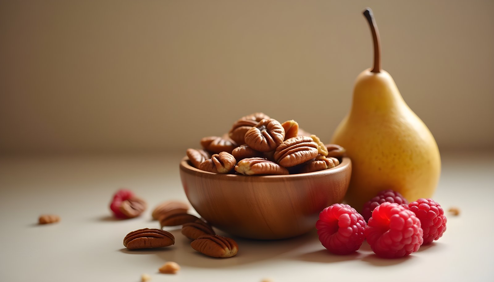 Pecan fiber shown with a wooden bowl of pecan halves beside a ripe yellow pear and fresh raspberries on a light table