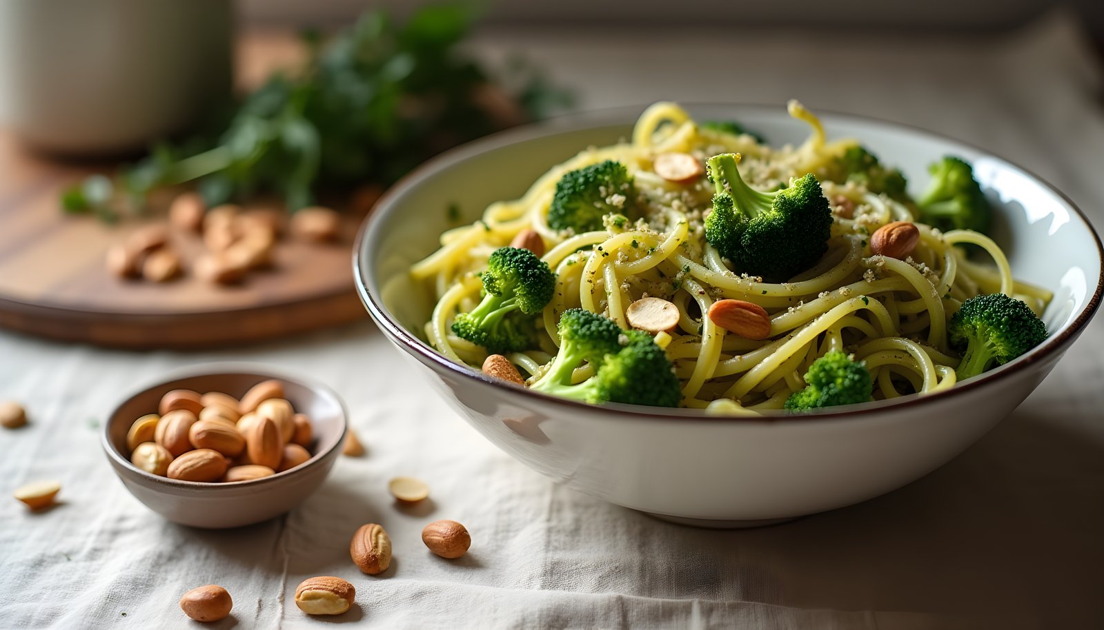 Pine nut fiber shown with a small dish of toasted pine nuts beside a bowl of pesto pasta tossed with broccoli florets
