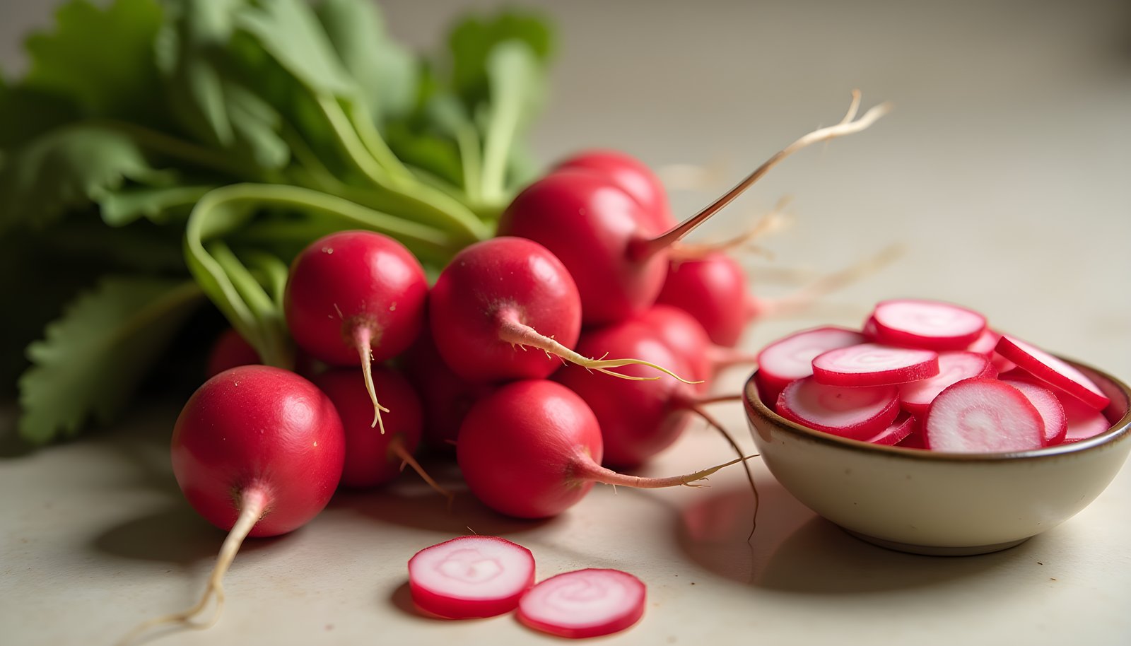 Radish fiber shown with a bunch of round red radishes with green tops beside a small bowl of thin pink radish slices