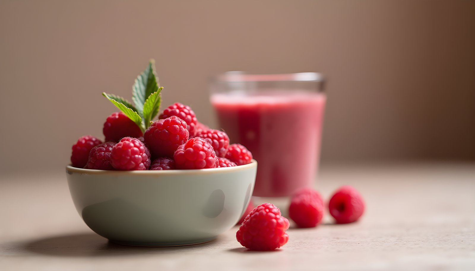 Raspberry fiber shown with a bowl of fresh red raspberries, a few loose berries and a glass of pink raspberry smoothie