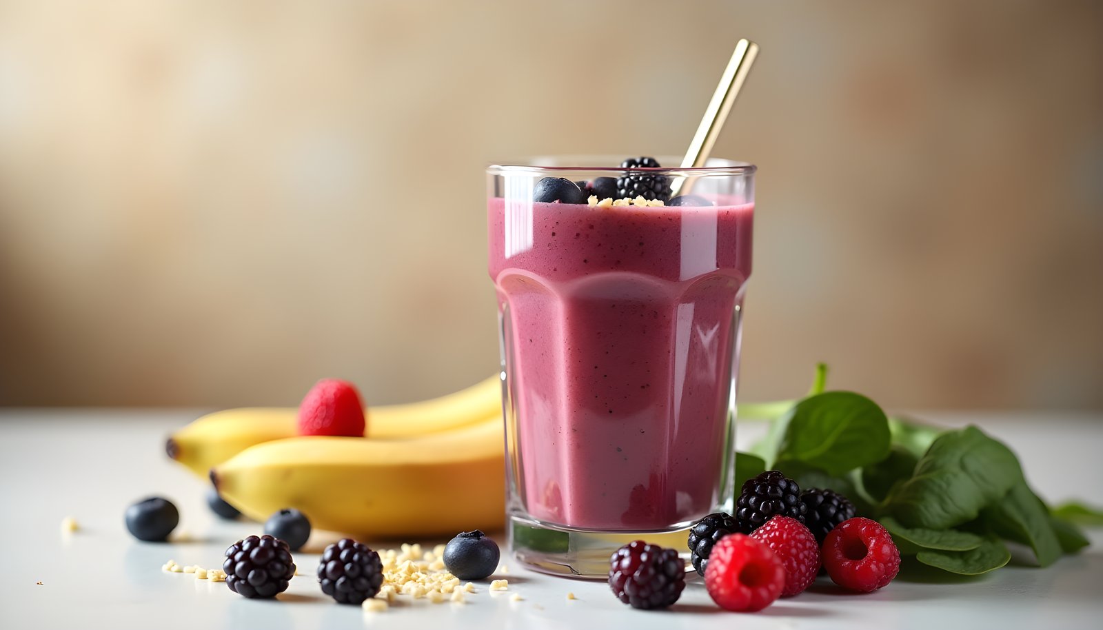 Smoothie fiber shown with a tall purple berry smoothie surrounded by bananas, fresh berries and spinach leaves