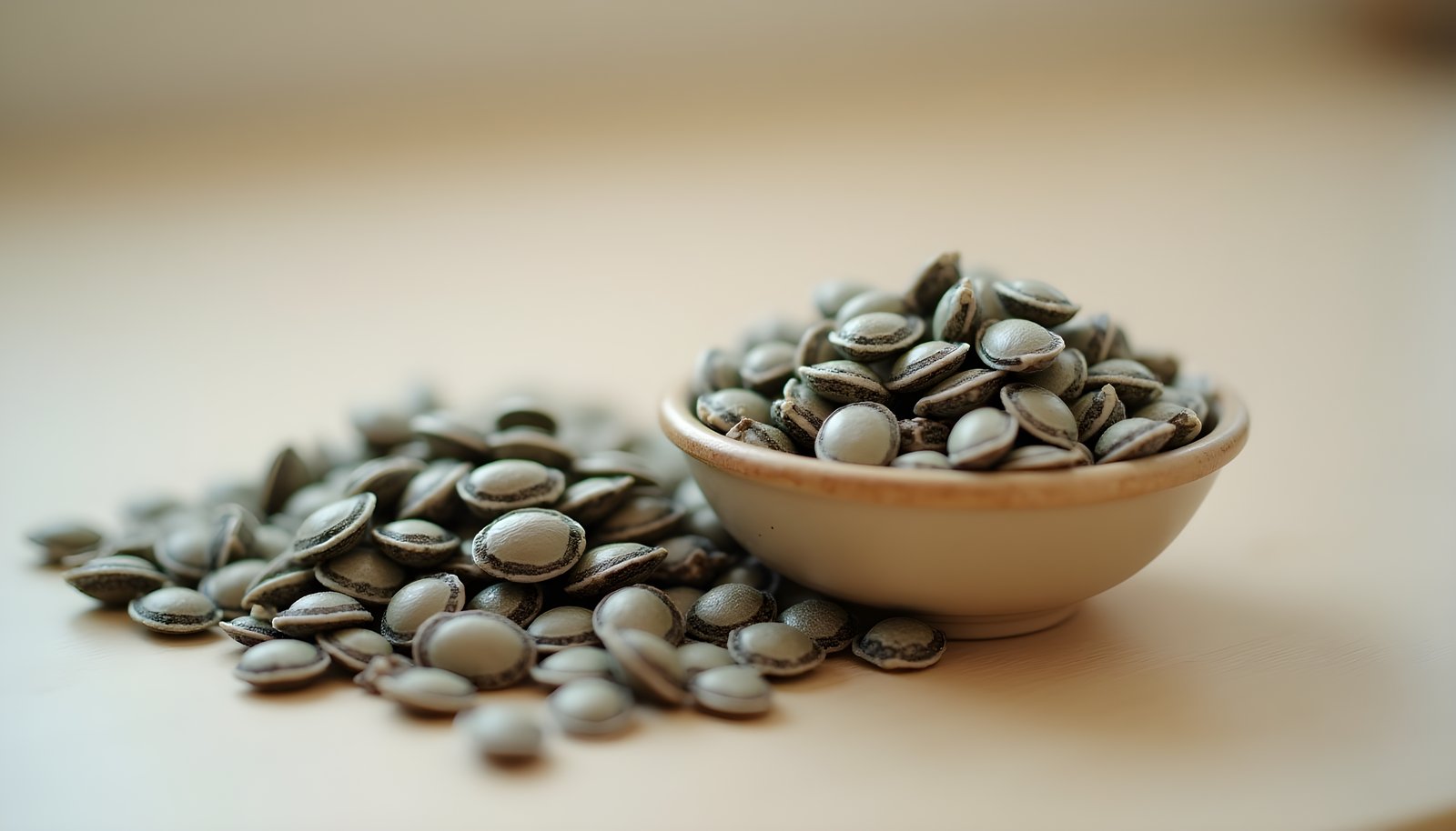 Sunflower seed fiber shown with a small bowl of gray-green sunflower seed kernels with more seeds spilled on a light table