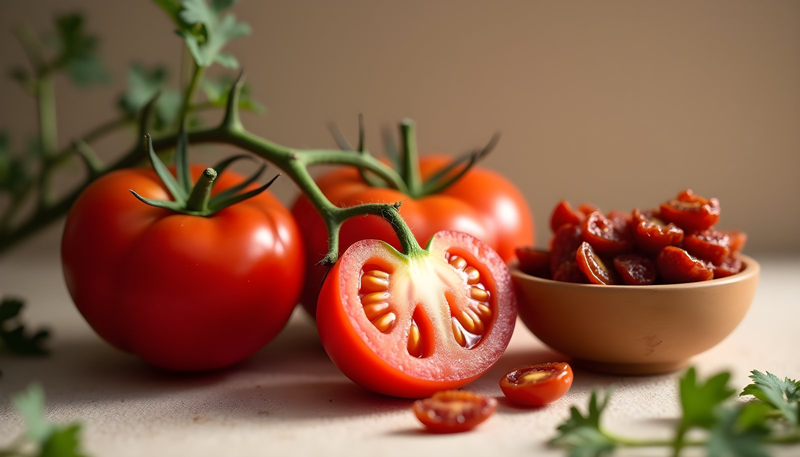 Tomato fiber shown with ripe red tomatoes on the vine, a halved tomato and a small bowl of dark sun-dried tomatoes