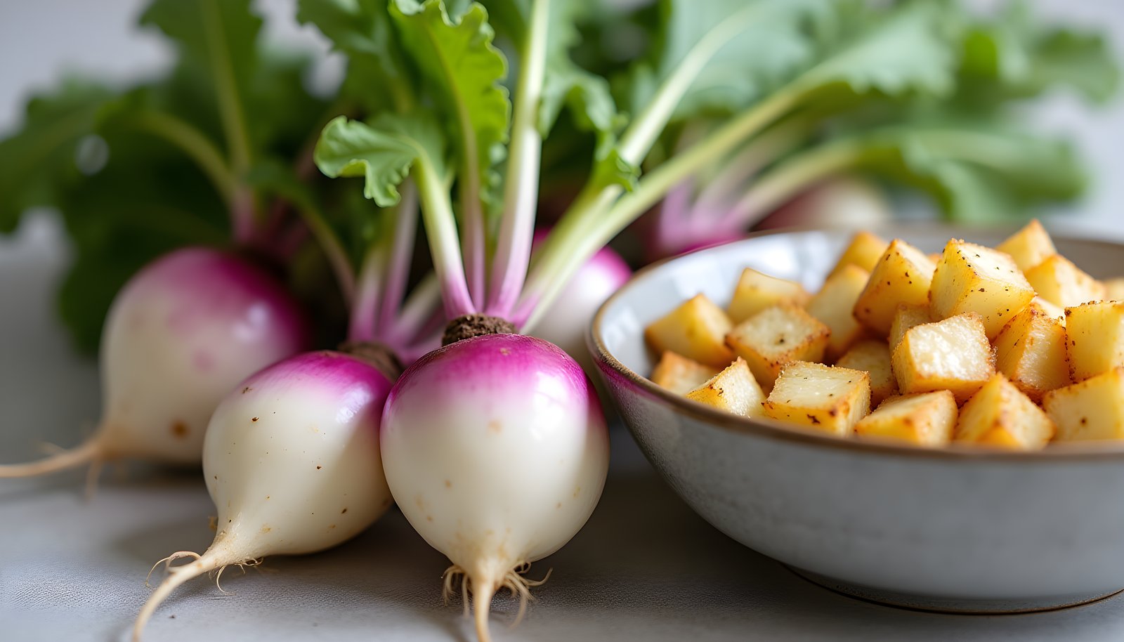Turnip fiber shown with whole white and purple-topped turnips with their leafy greens beside a bowl of roasted turnip cubes
