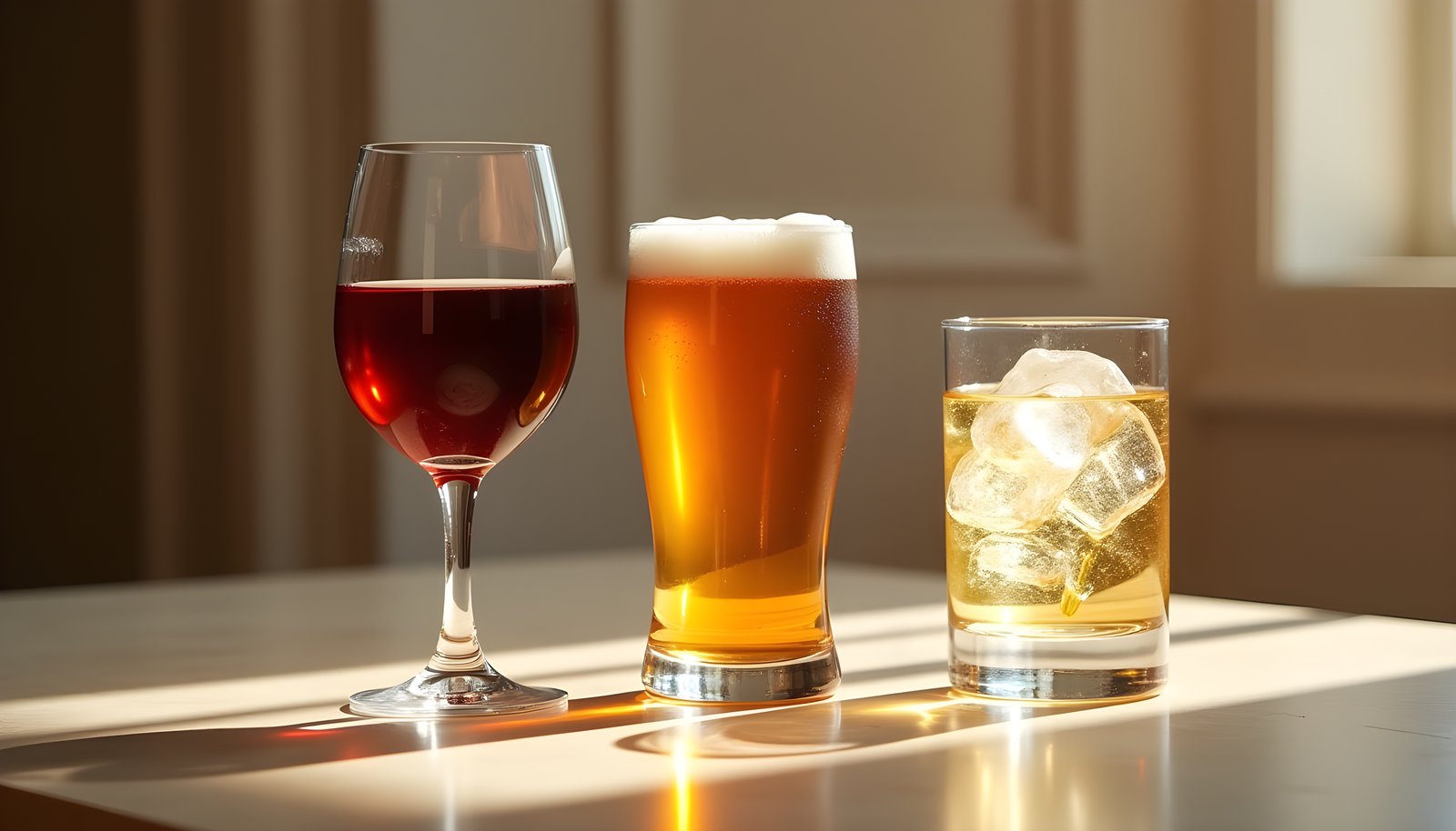 Alcohol and fiber shown with a glass of red wine, a glass of amber beer and a clear spirit over ice on a table