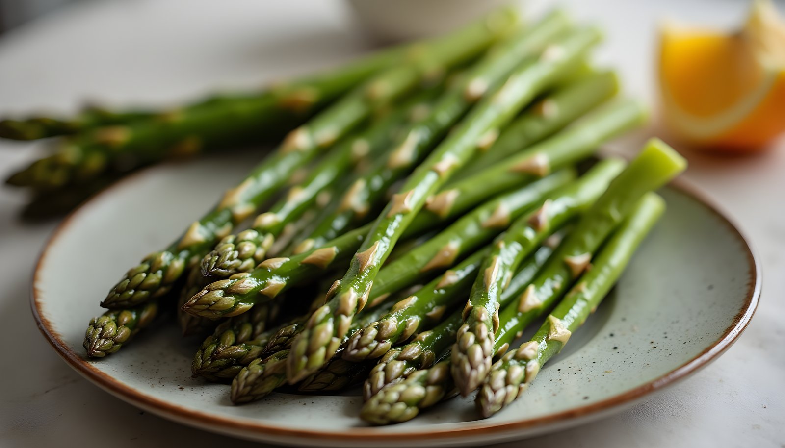 Asparagus fiber shown with a plate of roasted green asparagus spears and a bundle of fresh spears behind it