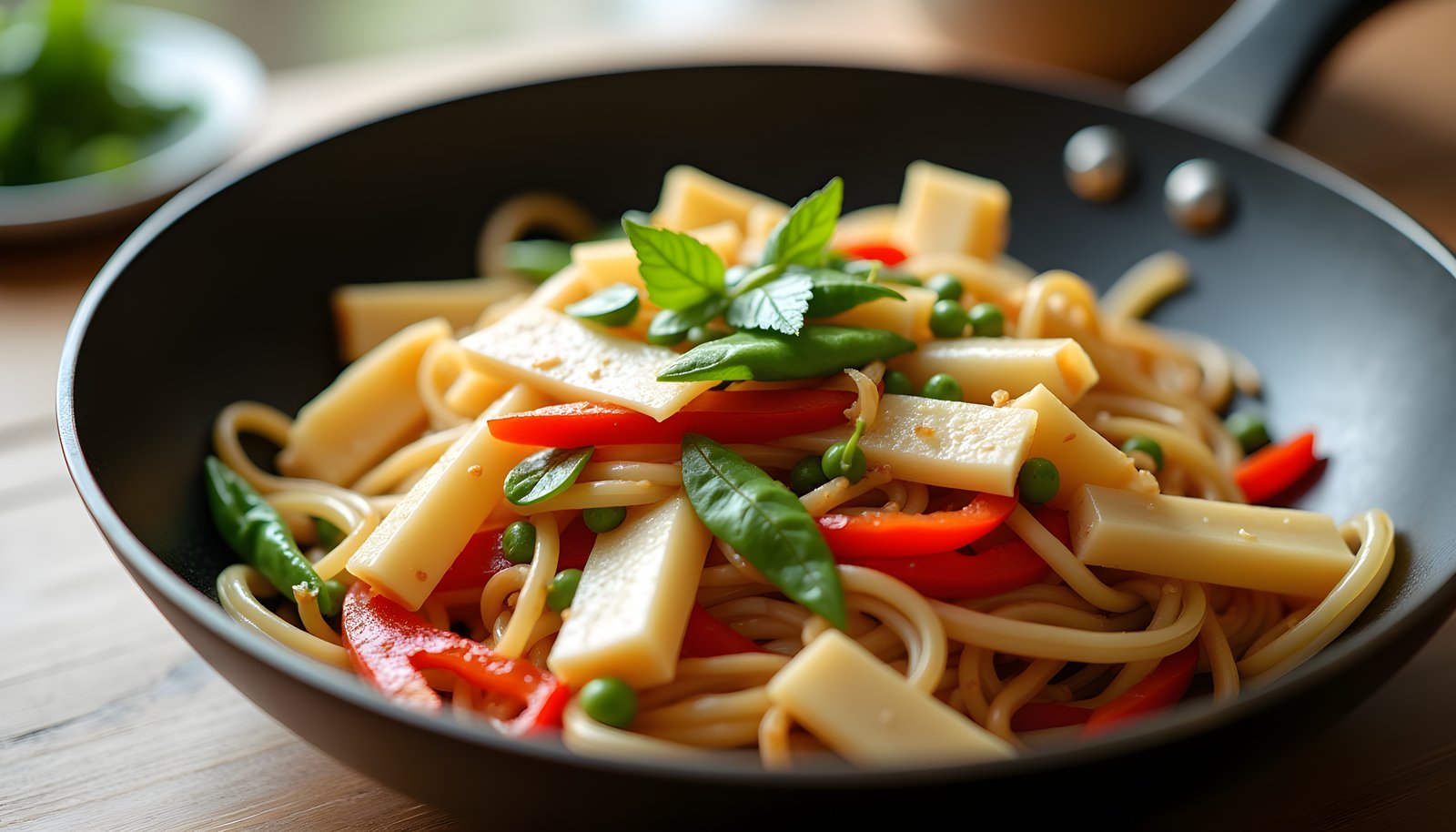 Bamboo shoot fiber shown in a wok stir fry of flat bamboo shoot slices, red pepper strips, green peas and noodles