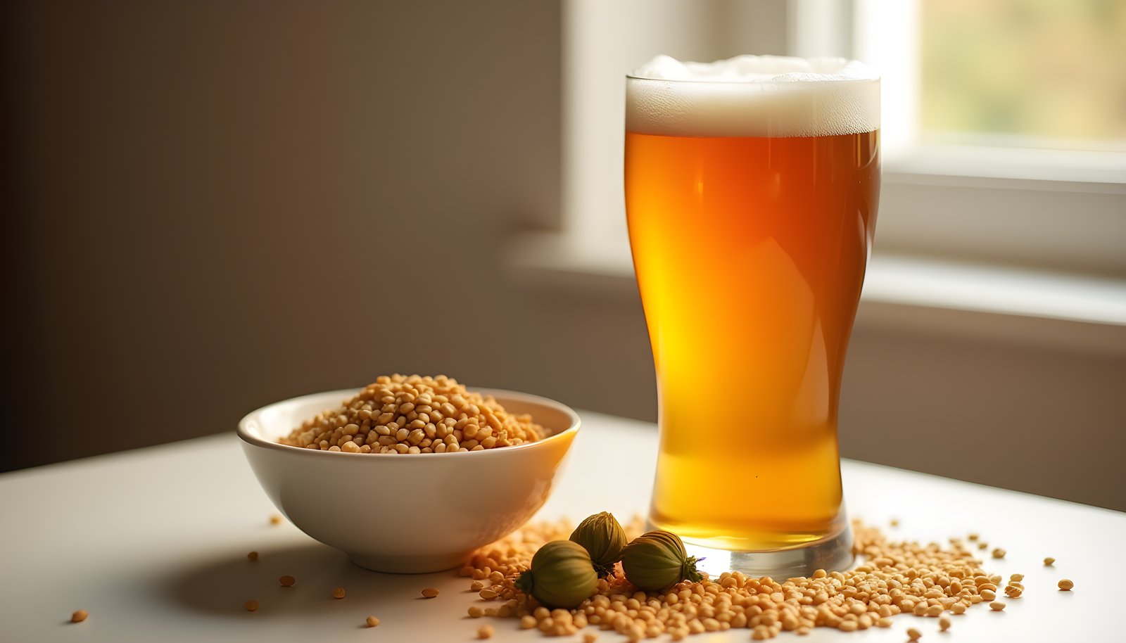 Beer fiber shown with a tall glass of amber beer with a foam head beside a bowl of malted barley grains and green hops