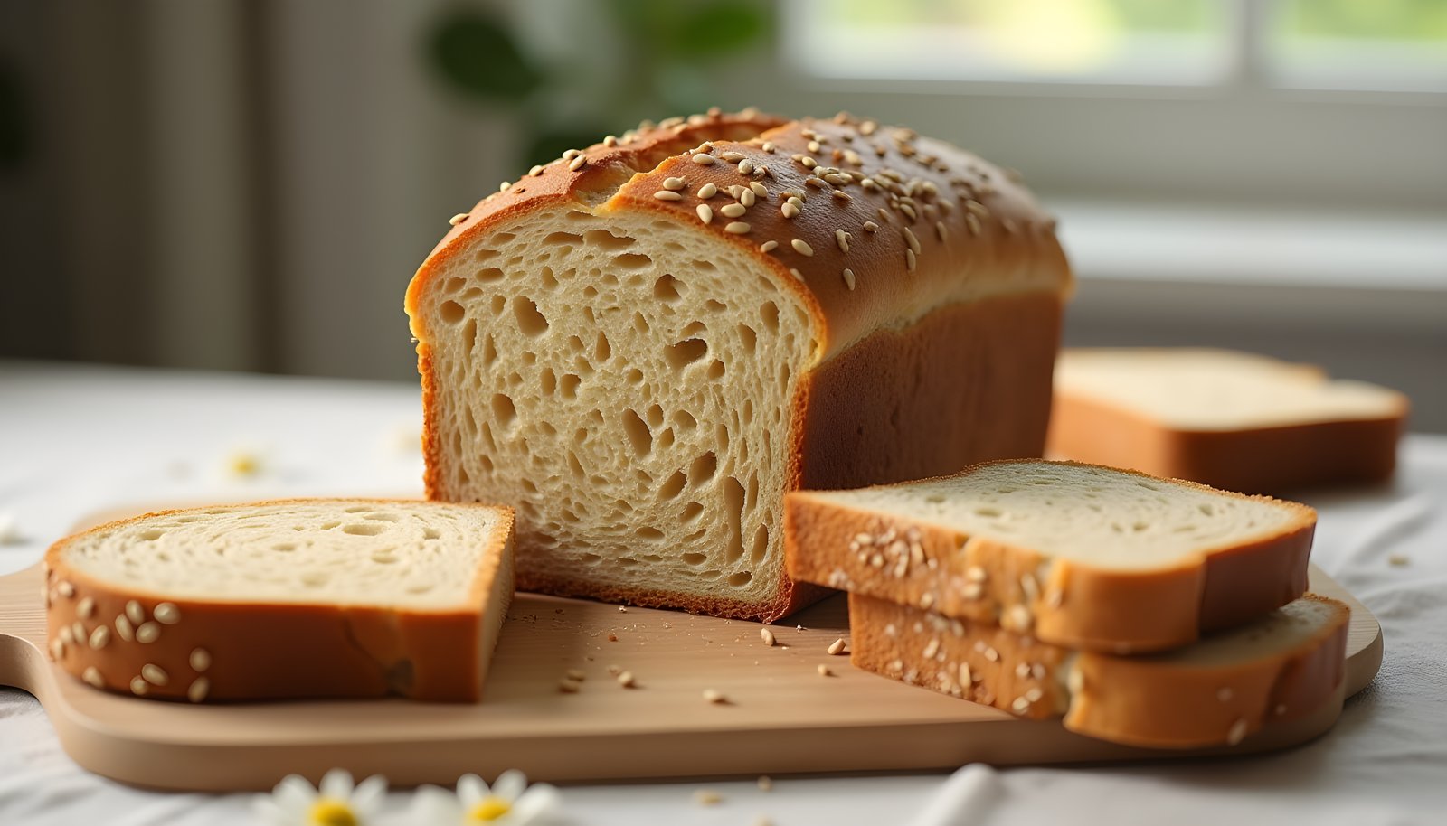Bread fiber shown with a seeded whole grain loaf, thick slices on a cutting board and a slice of lighter bread behind