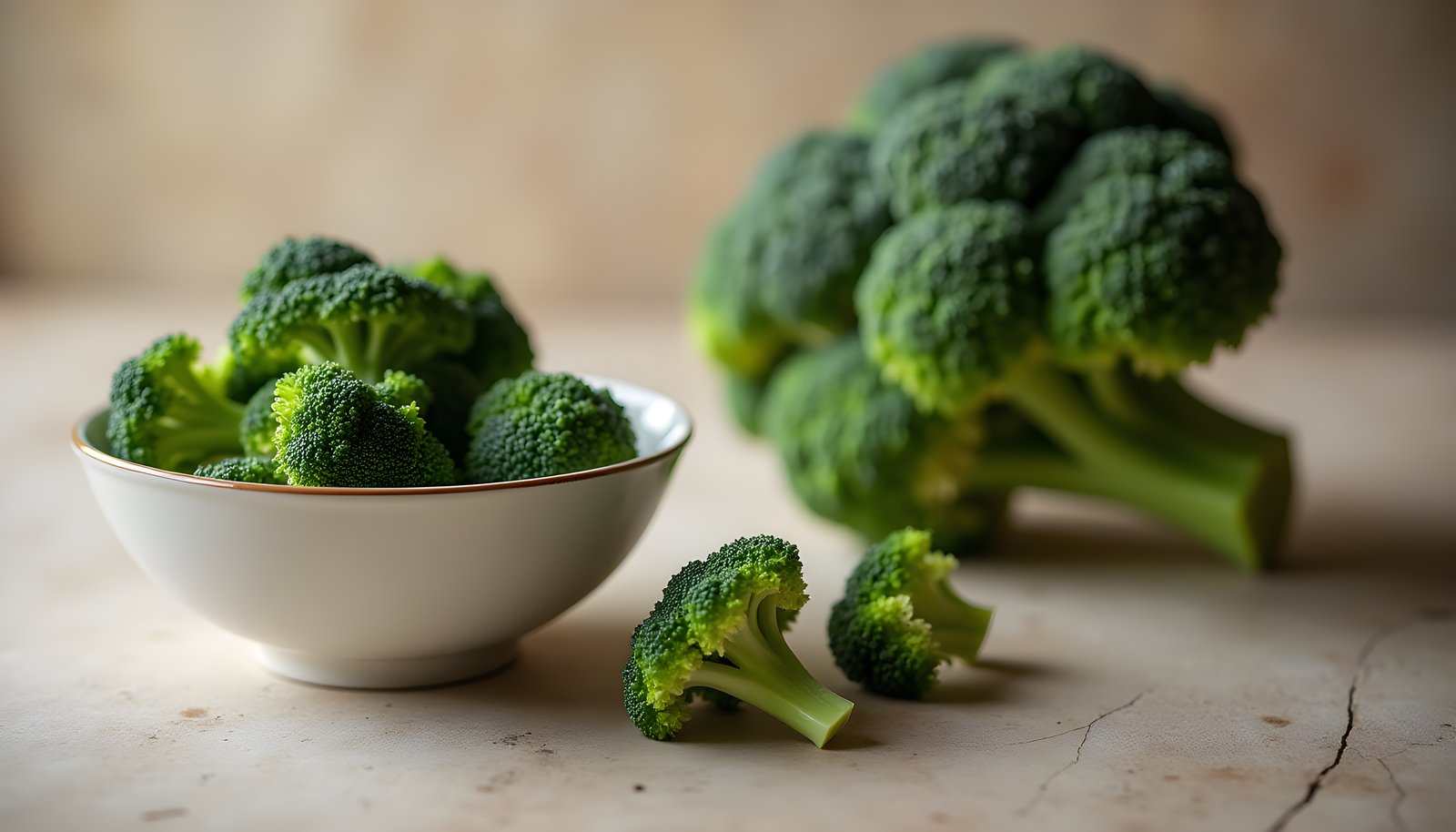 Broccoli fiber shown with a whole head of fresh broccoli, a bowl of steamed broccoli florets and a few raw florets