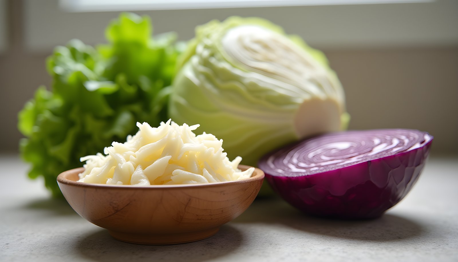 Cabbage fiber shown with a head of green cabbage, a halved red cabbage and a small bowl of pale shredded sauerkraut
