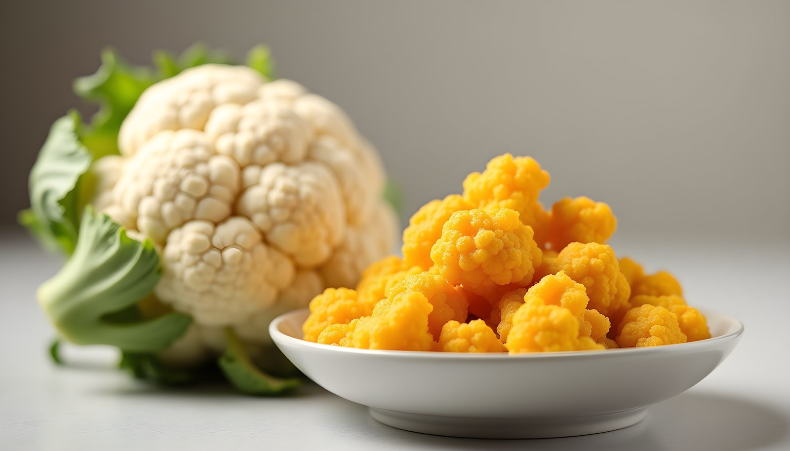 Cauliflower fiber shown with a whole head of white cauliflower beside a white bowl of golden roasted cauliflower florets