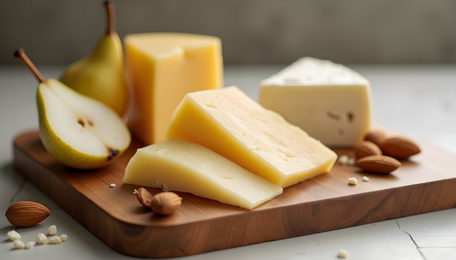 Cheese and fiber shown with wedges of cheddar and white cheese on a wooden board beside a sliced pear and a few almonds