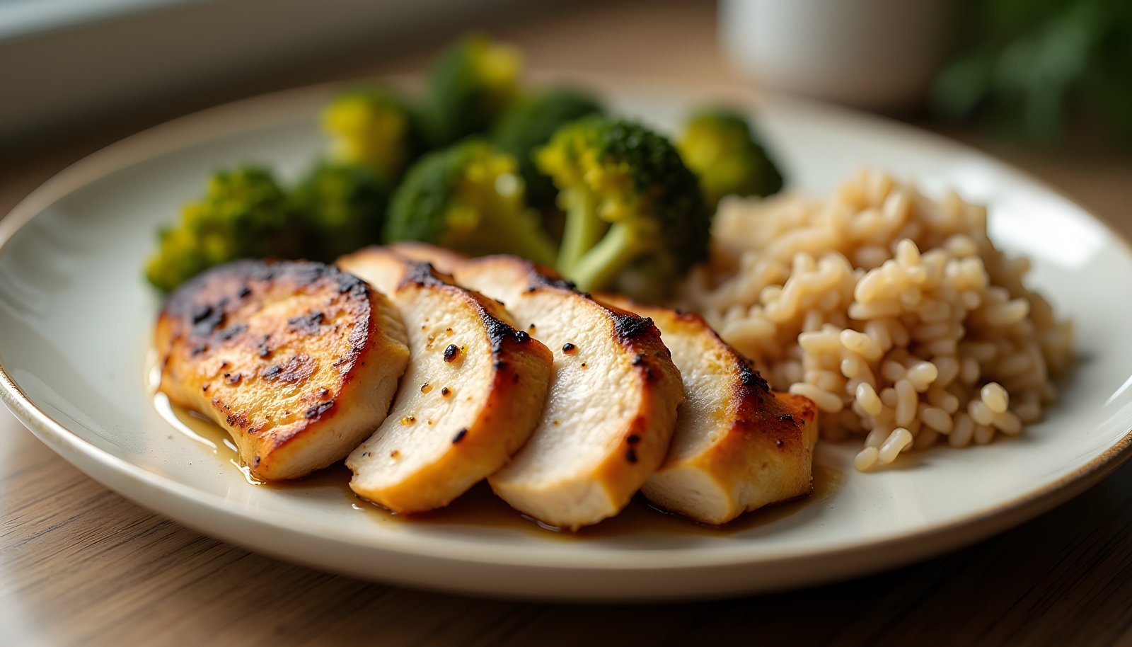 Chicken and fiber shown with sliced grilled chicken breast on a plate beside roasted broccoli and a scoop of brown rice