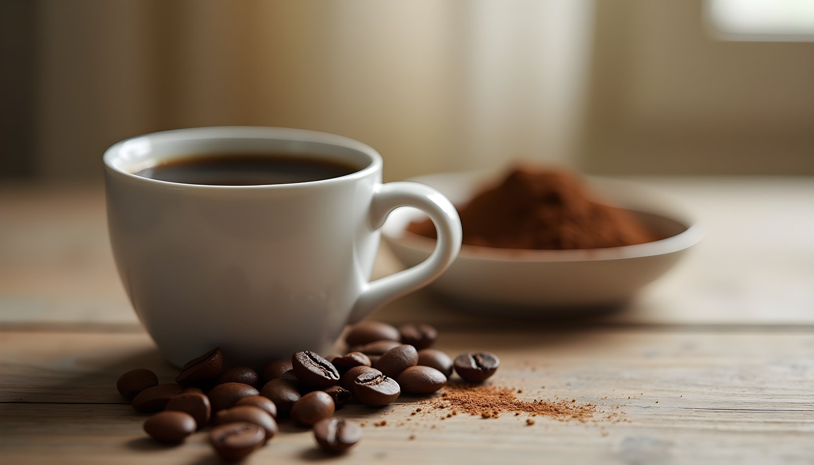 Coffee fiber shown with a white cup of black coffee, a scattering of roasted coffee beans and a dish of ground coffee