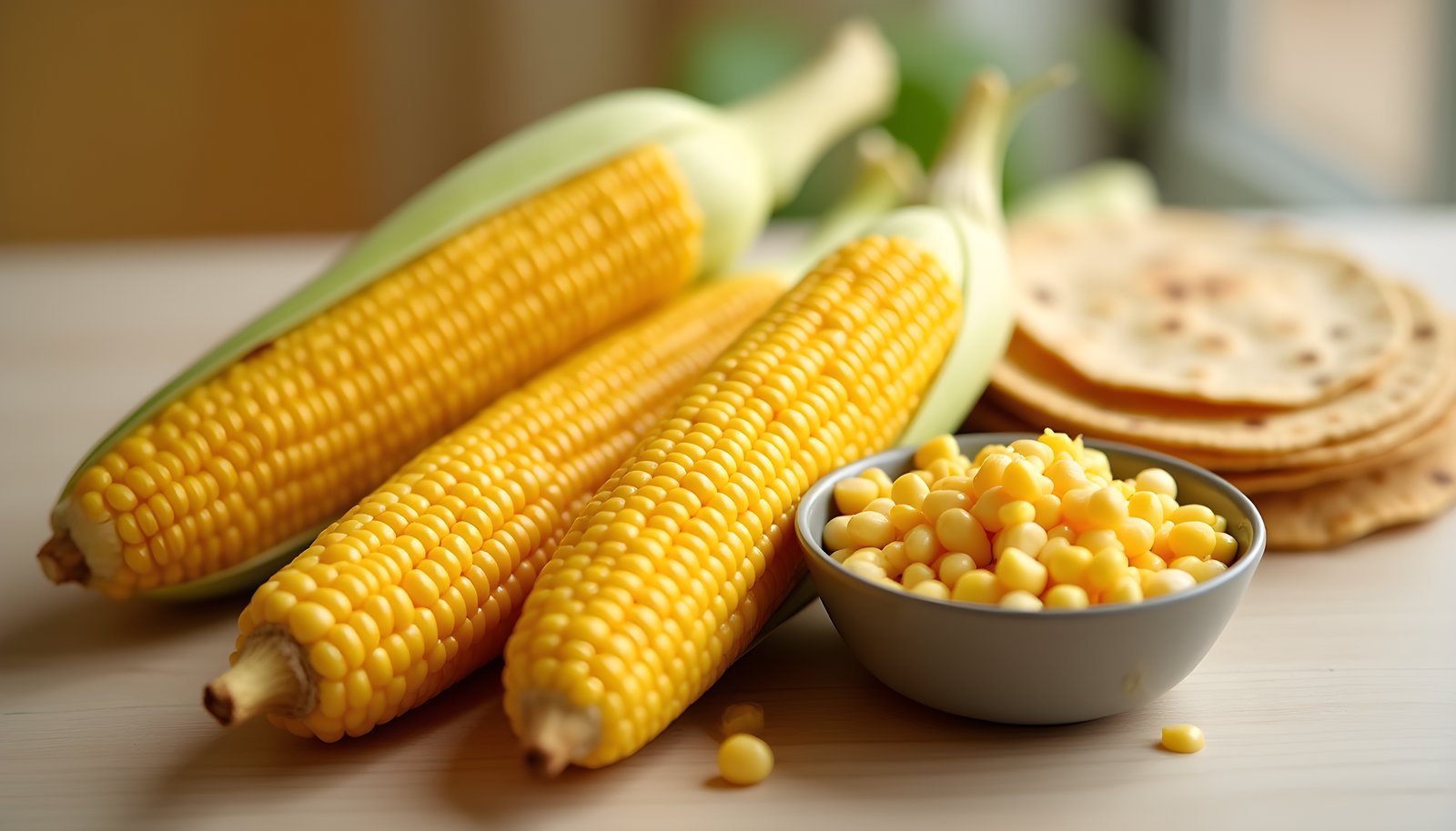Corn fiber shown with ears of yellow sweet corn, a small bowl of corn kernels and a stack of corn tortillas