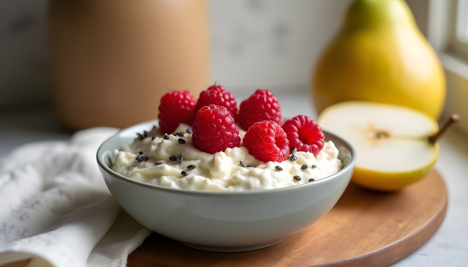 Cottage cheese fiber shown with a bowl of cottage cheese topped with raspberries and chia seeds beside a halved pear