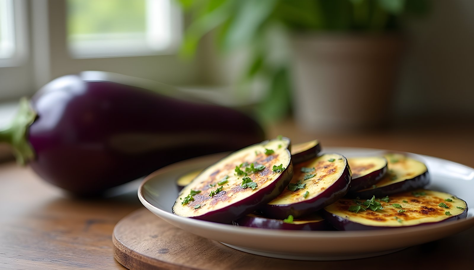 Eggplant fiber shown with a whole glossy purple eggplant beside a plate of grilled eggplant slices topped with herbs