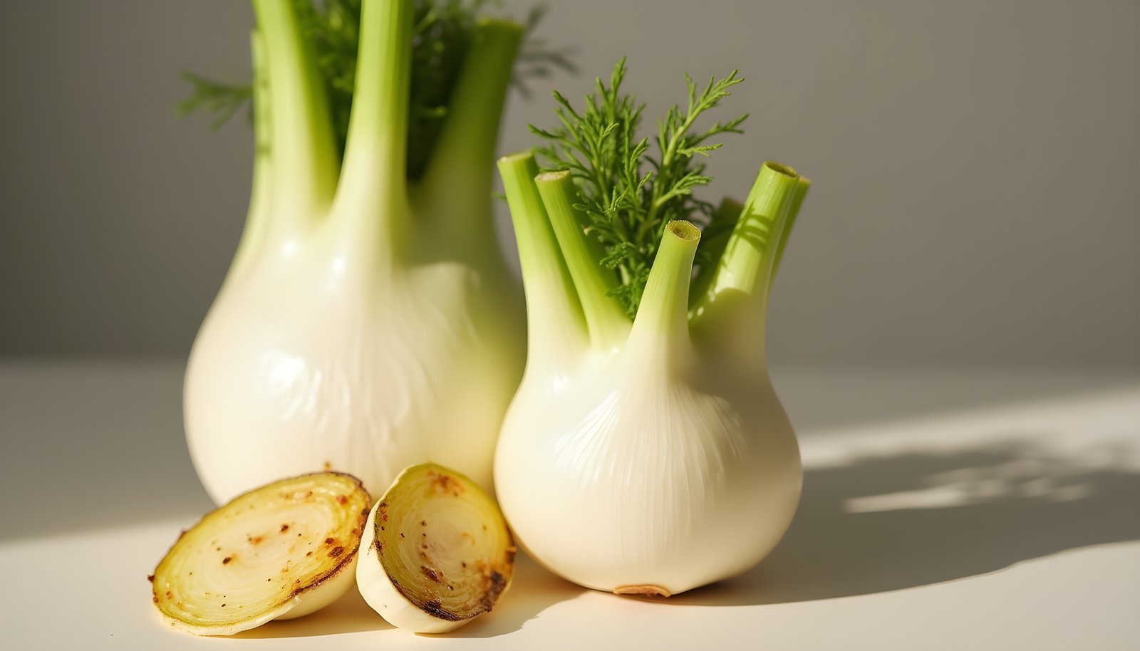 Fennel fiber shown with two whole white fennel bulbs with feathery green fronds beside golden roasted fennel wedges