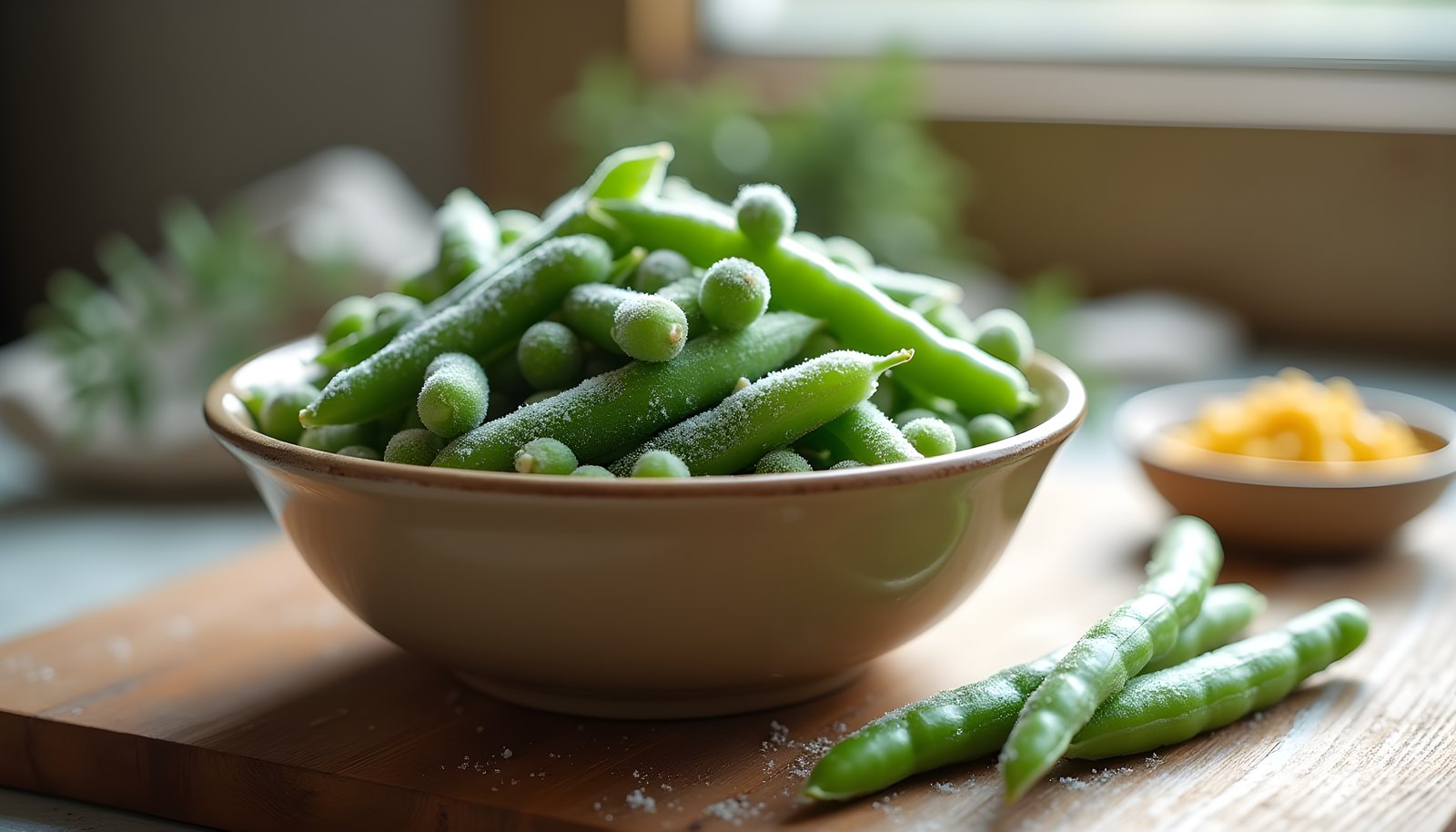 Freezing food fiber shown with a bowl of frost-covered green beans and peas, loose frozen beans and a small dish of corn