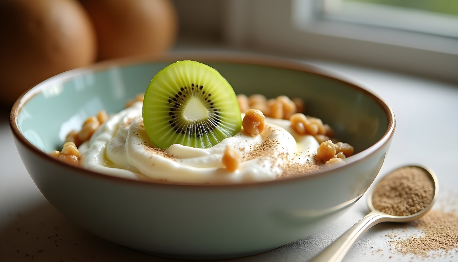 Greek yogurt fiber shown with a bowl of thick yogurt topped with a kiwi slice, walnuts and a spoon of ground flaxseed
