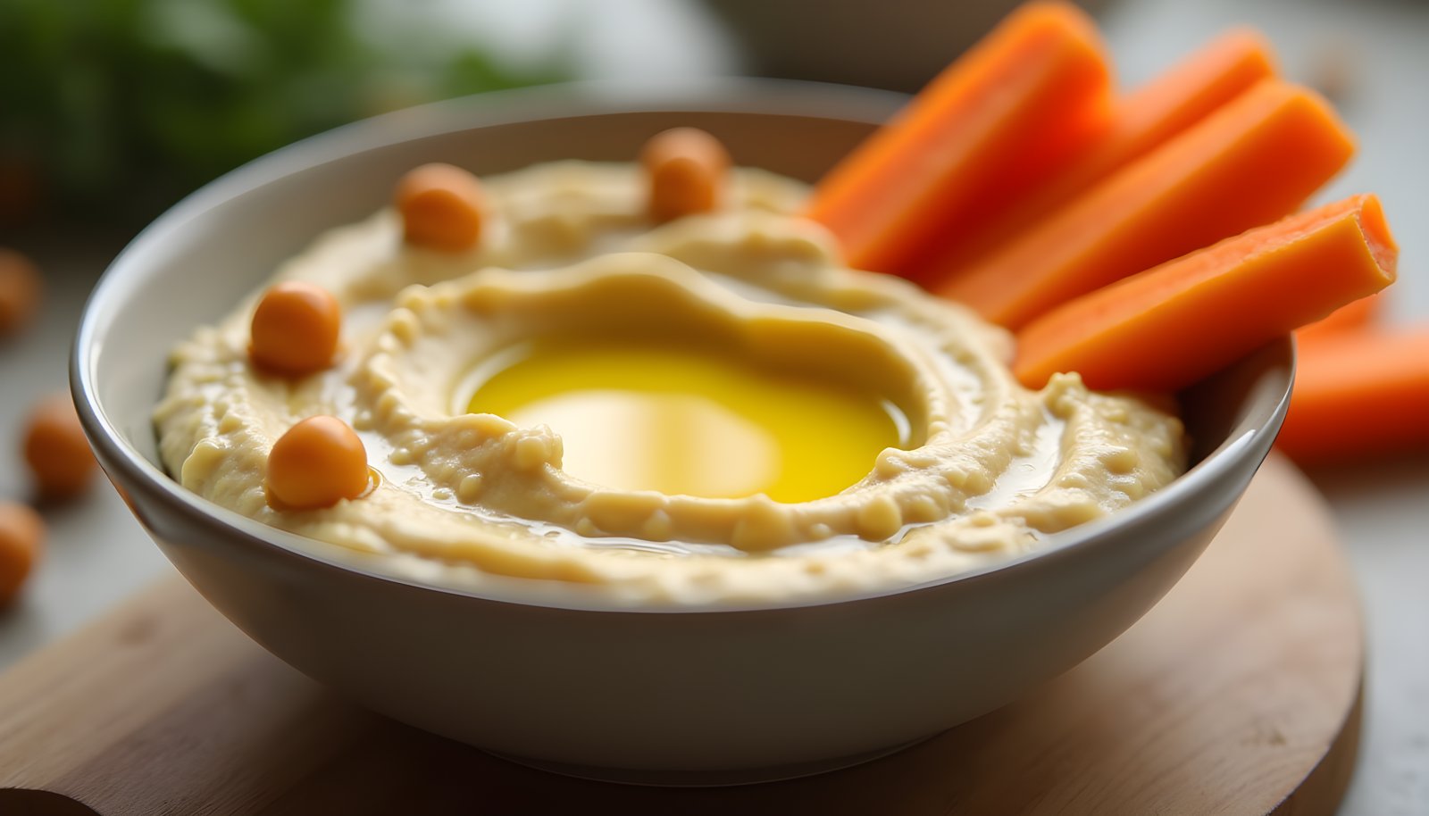 Hummus fiber shown with a bowl of creamy hummus pooled with olive oil, a few whole chickpeas and fresh carrot sticks